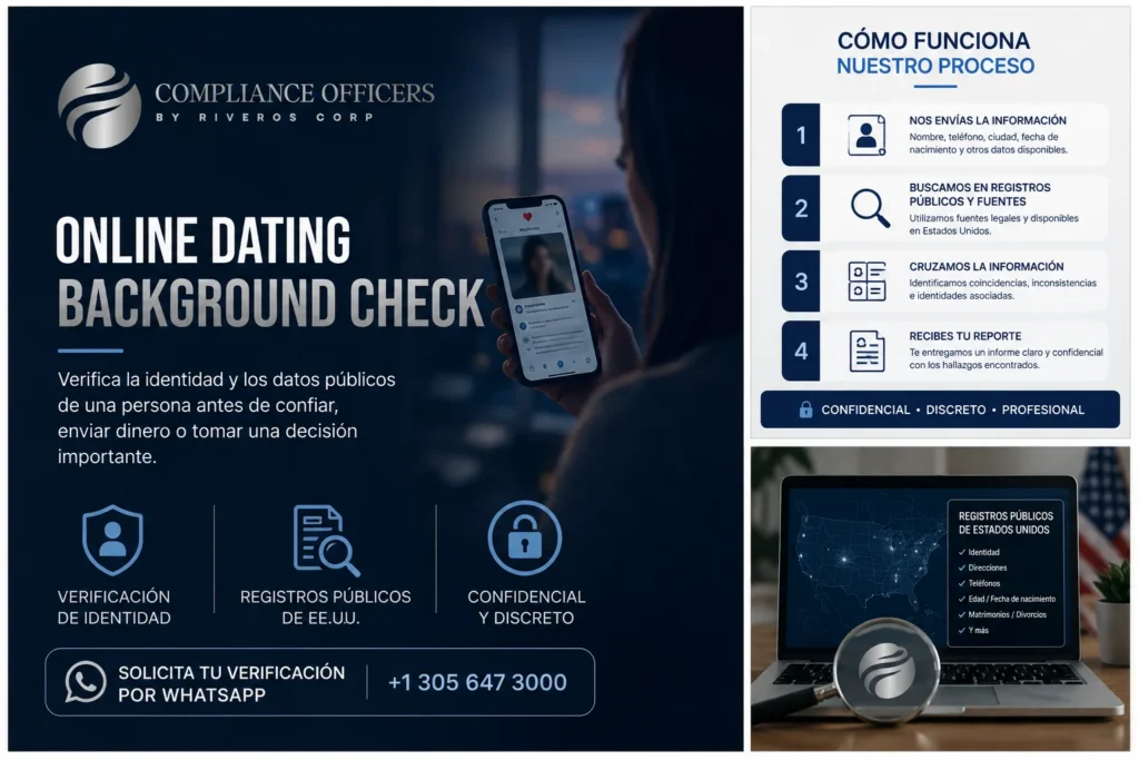 Cómo funciona un Online Dating Background Check en cuatro pasos: envío de datos, búsqueda en registros públicos, cruce de información y entrega del reporte.