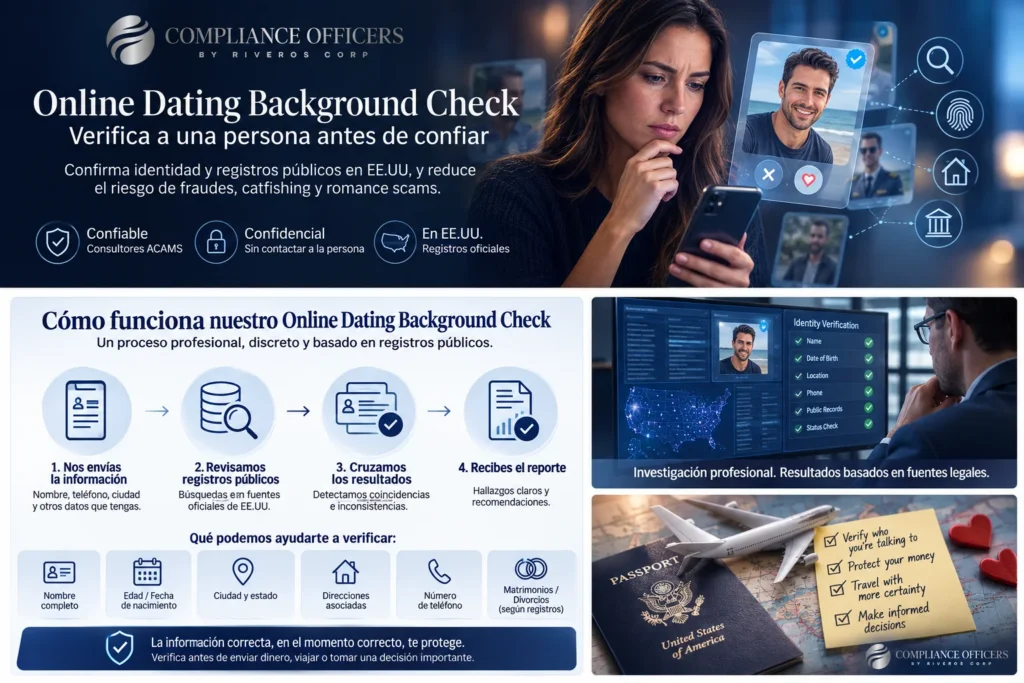 Qué verifica un Online Dating Background Check: nombre, edad, ciudad, direcciones, teléfono y matrimonios o divorcios en registros de EE.UU.