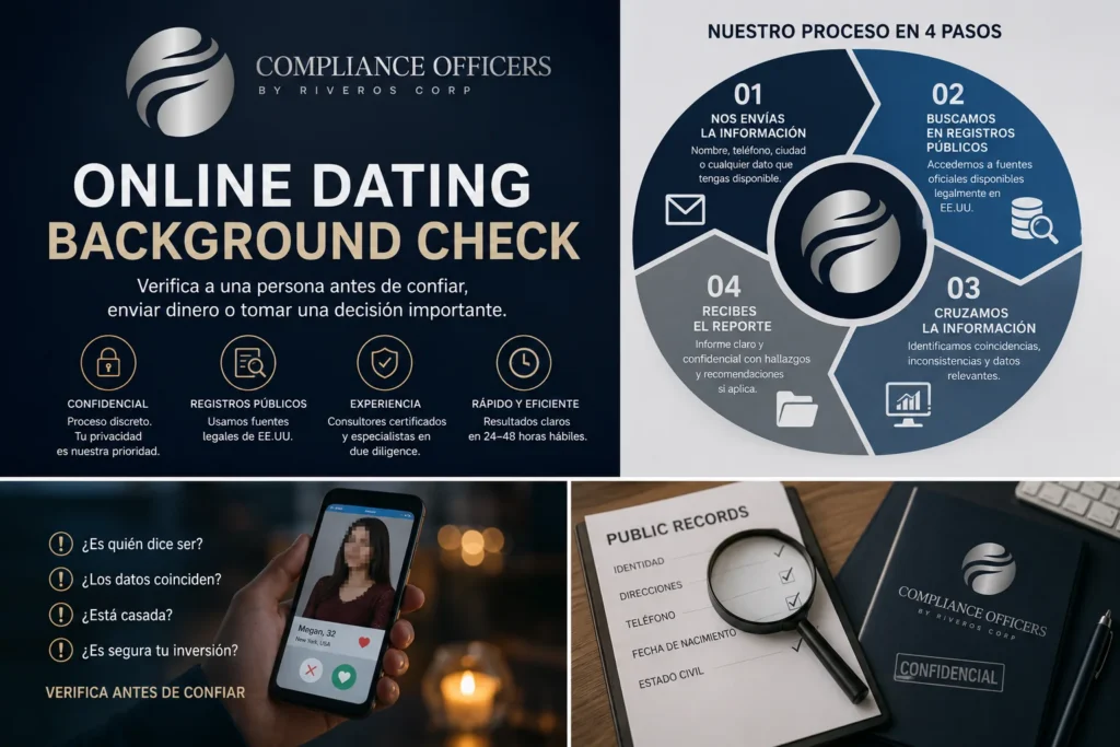 Online Dating Background Check de Compliance Officers: proceso en 4 pasos y verificación de registros públicos de EE.UU.
