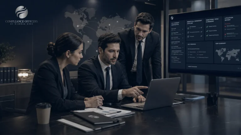 Compliance analysts reviewing a U.S. company verification dashboard