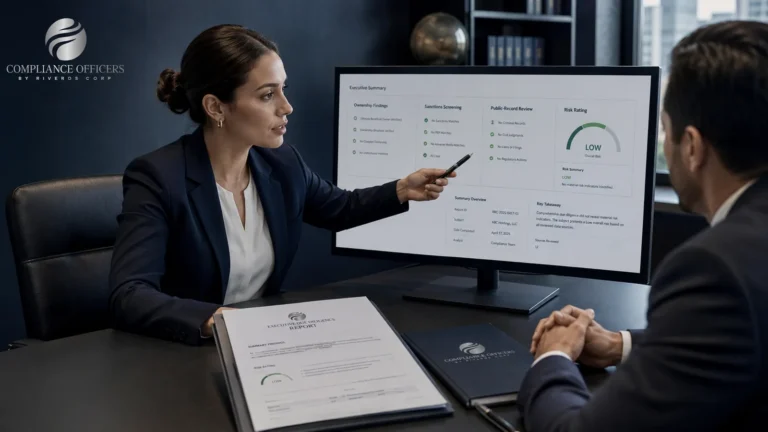 Executive due diligence report showing ownership findings, sanctions screening and an overall risk rating
