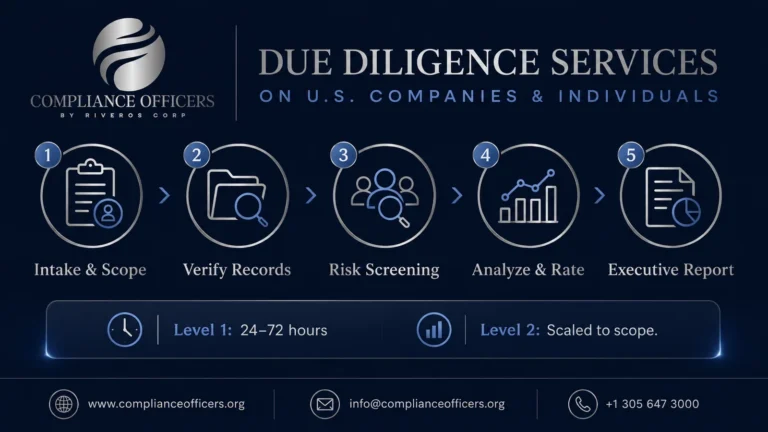 How the due diligence process works: intake and scope, verify records, risk screening, analyze and rate, executive report